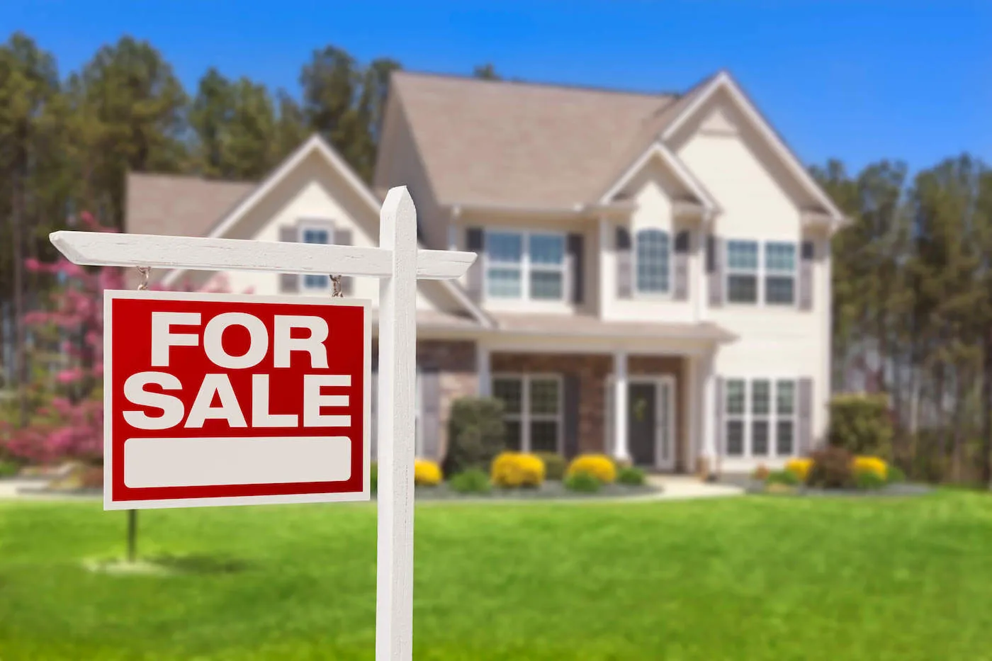 A red for sale sign is on the front lawn of a home.