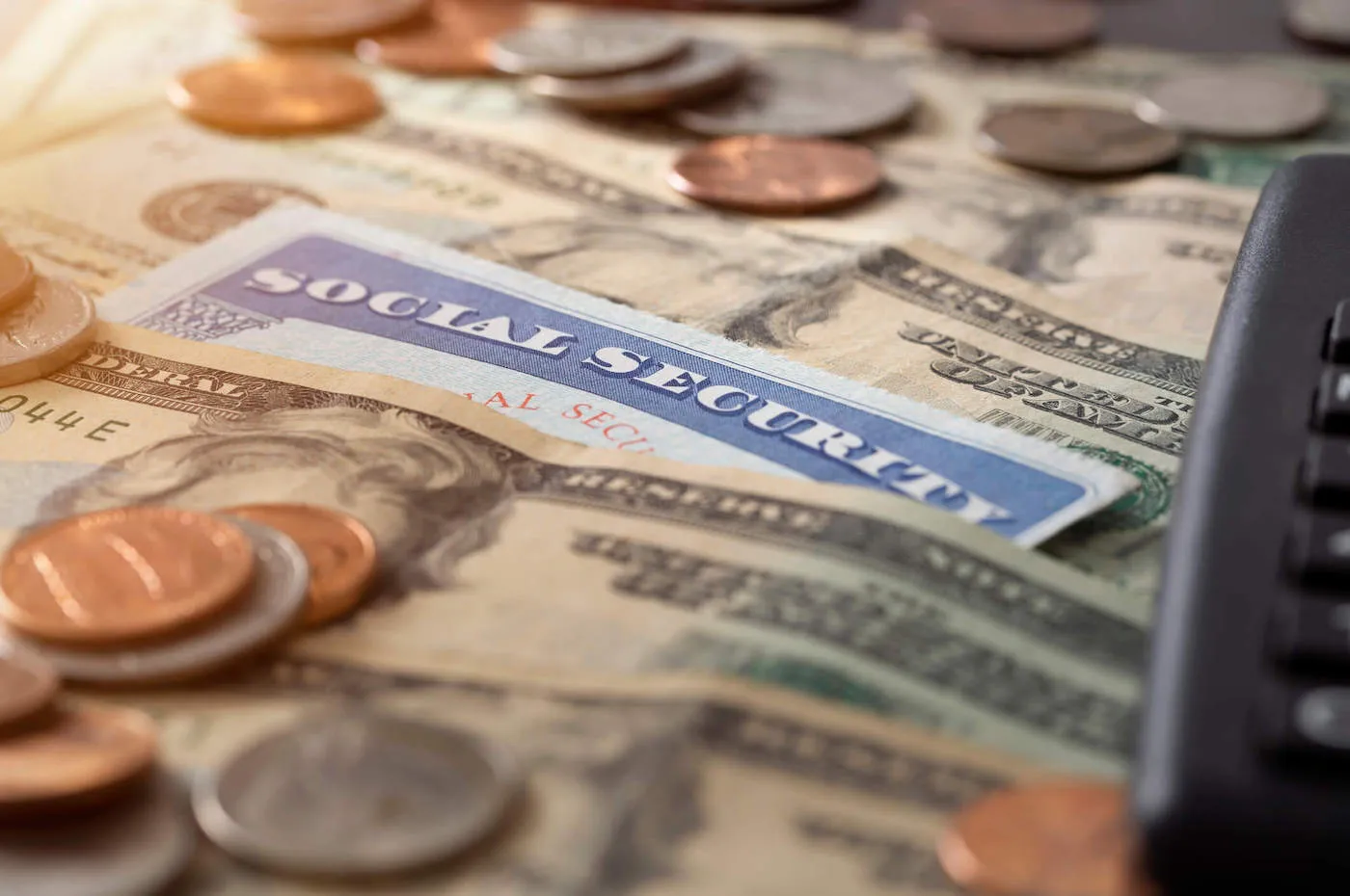 A social security card is under a stack of cash with coins laying on top.