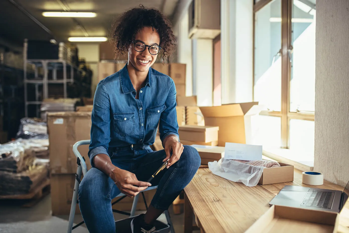 A woman with black framed glasses in denim button-down shirt sitting on a stool holding a pan.