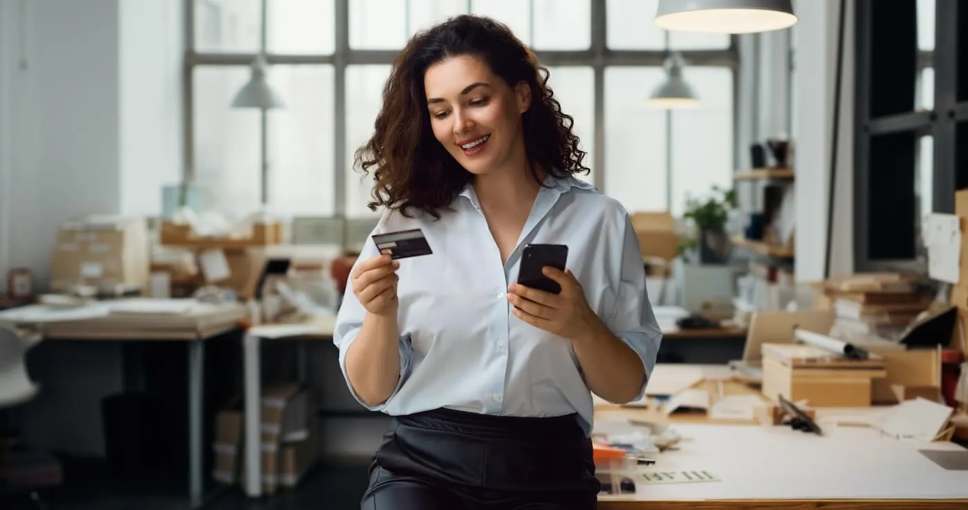 Smiling woman holding a credit card and a smartphone