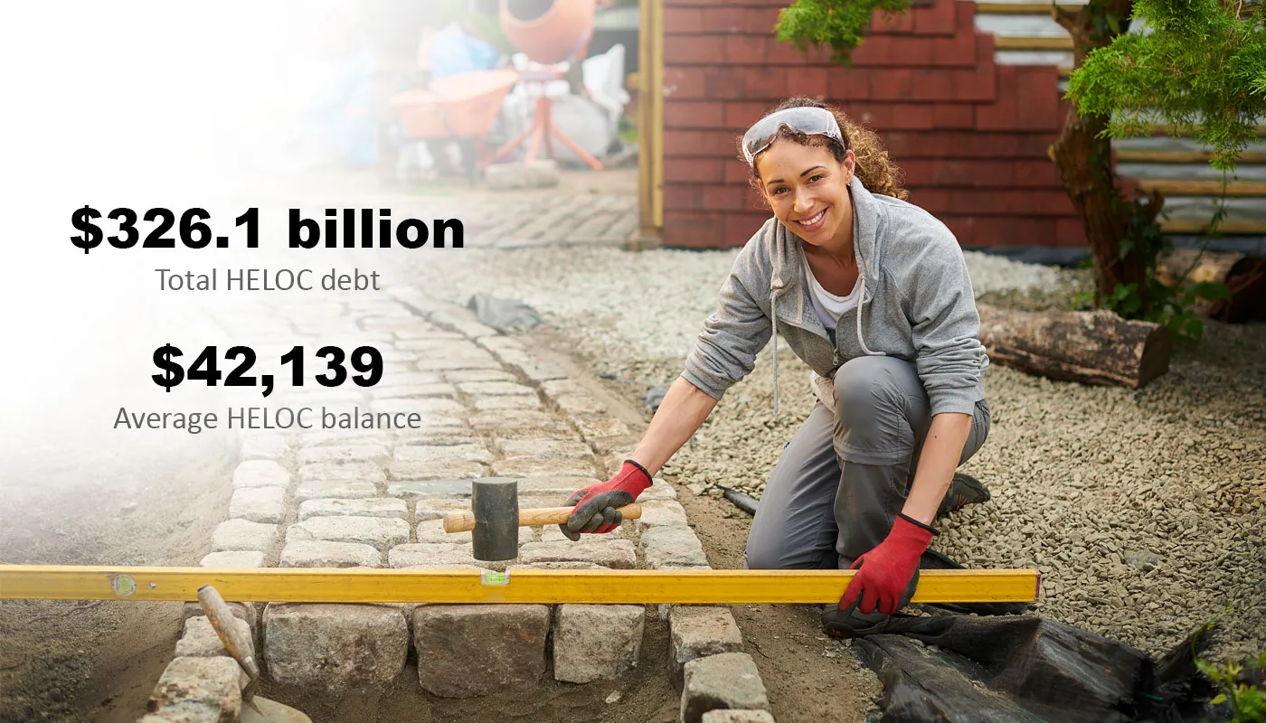 A woman working on a home improvement project. There is black text superimposed over the background that says "$326.1 billion total HELOC debt" and "$42,139 average HELOC balance."