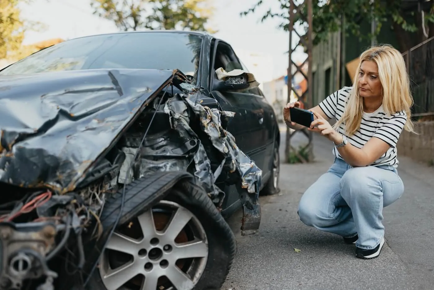 Concerned mature woman taking a photo of the car damage after collision