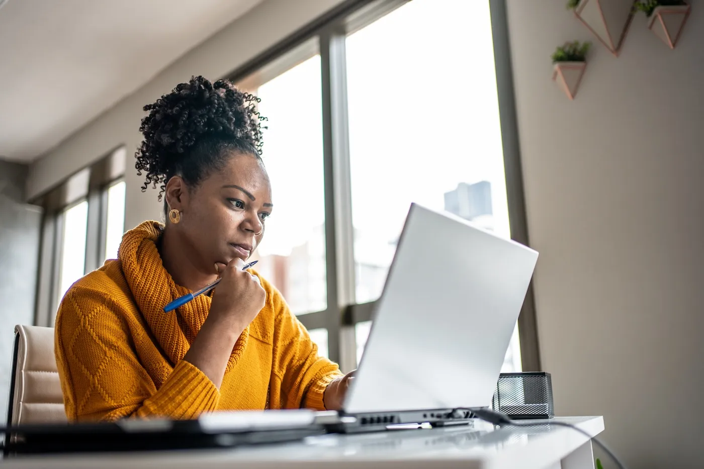 A woman working from home office