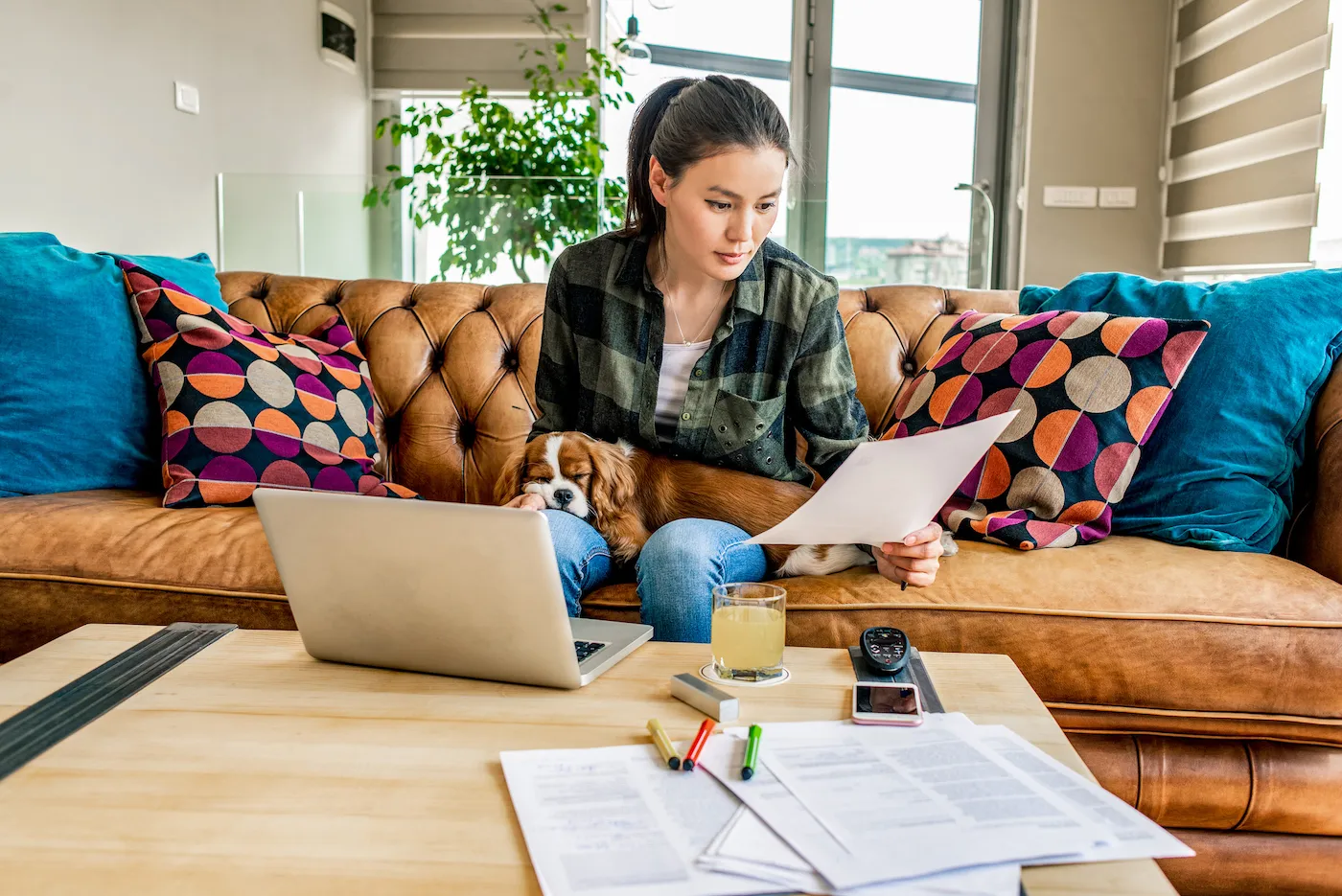 woman checking her bank account in the company of her dog