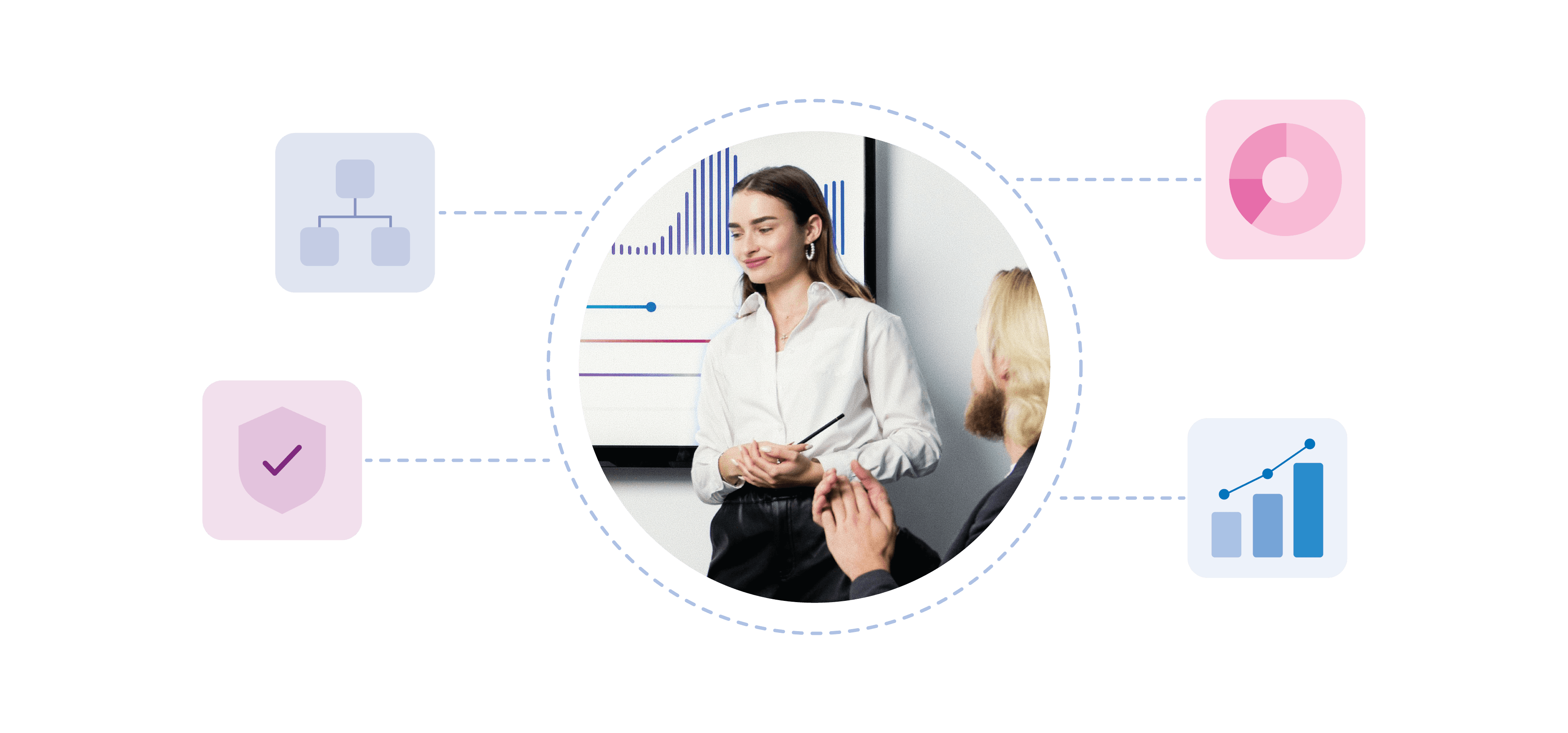 Woman surrounded by charts and data