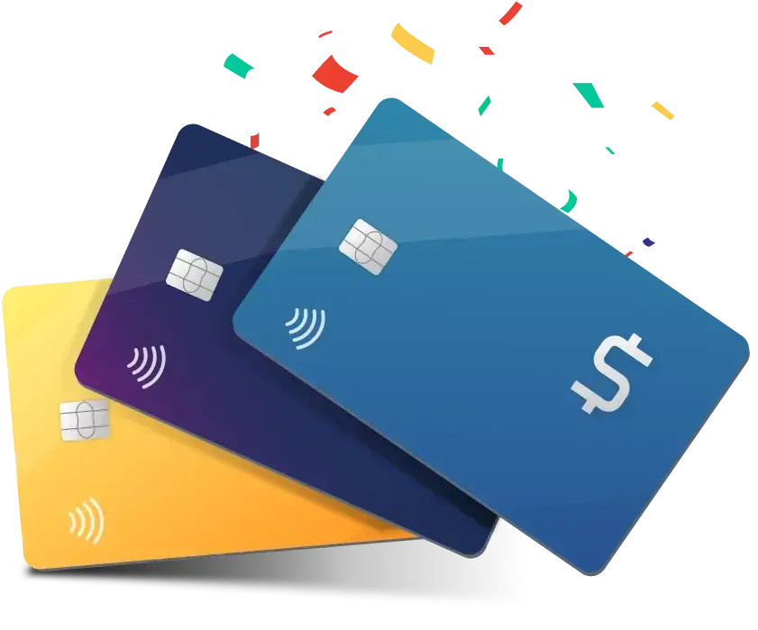 Graphic three credit cards with confetti.