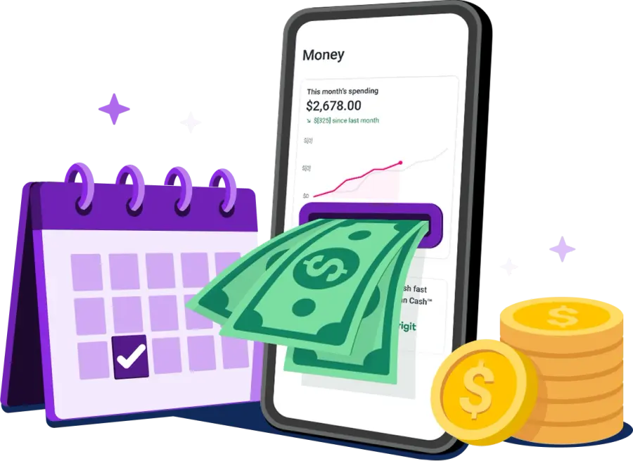 Graphic cash with calendar and coins.