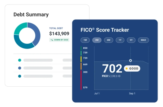 Graphic score tracker and debt summary.
