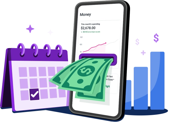 Graphic cash with calendar and chart.