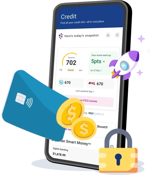 Graphic credit report and score with boost rocket.
