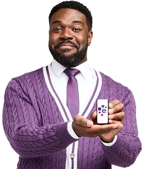 Graphic Sam Richardson standing and holding phone.